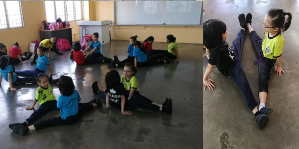 我们的小学学生热身的时候。